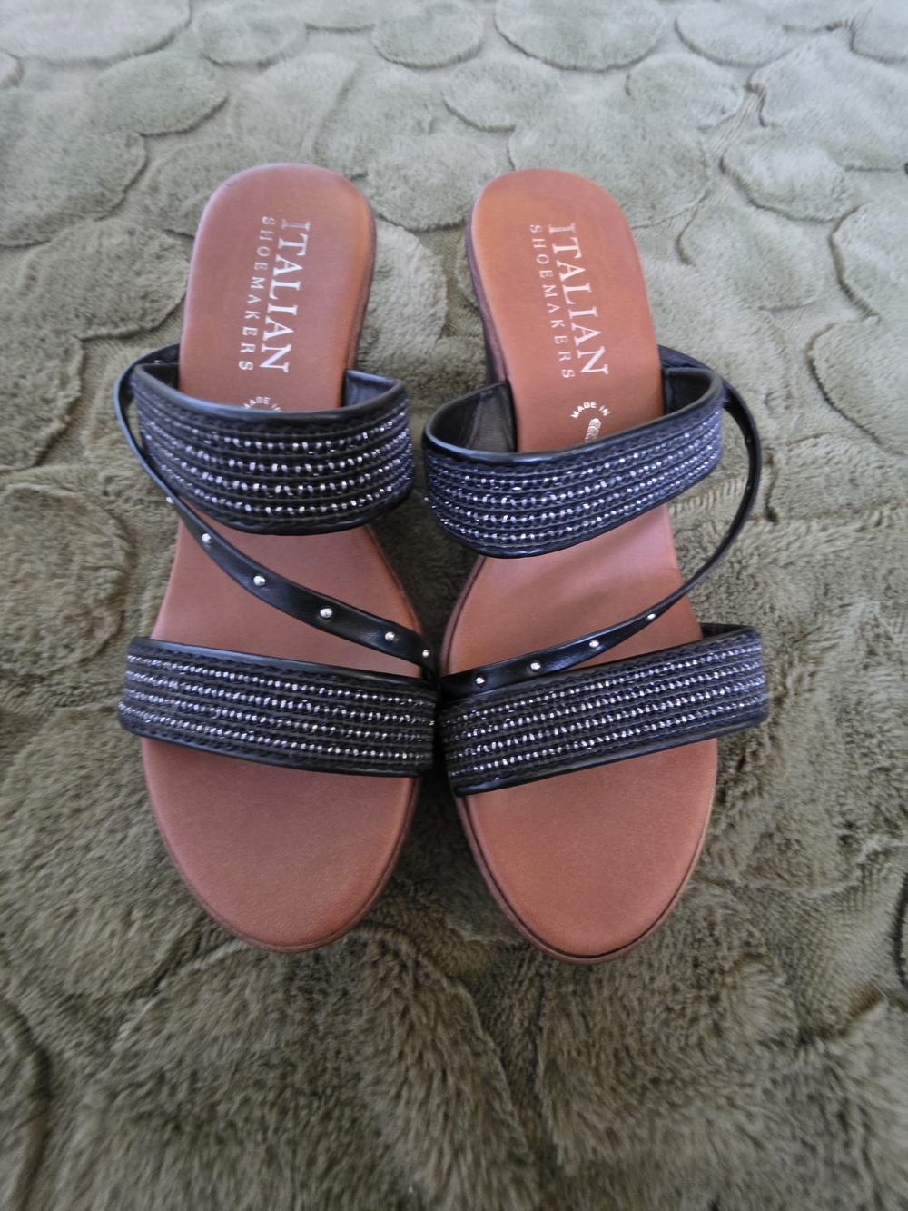 Italian Shoemakers Black Strappy Slide Mules with Beaded Detail